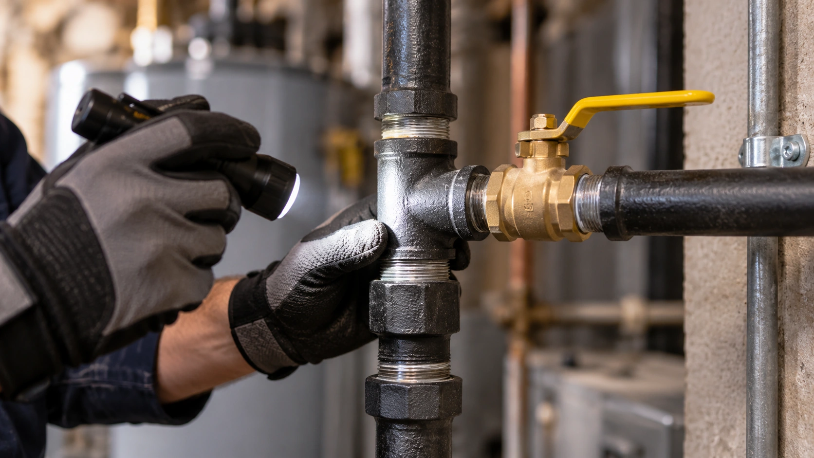 Gas pipe fitting inspection after repair.