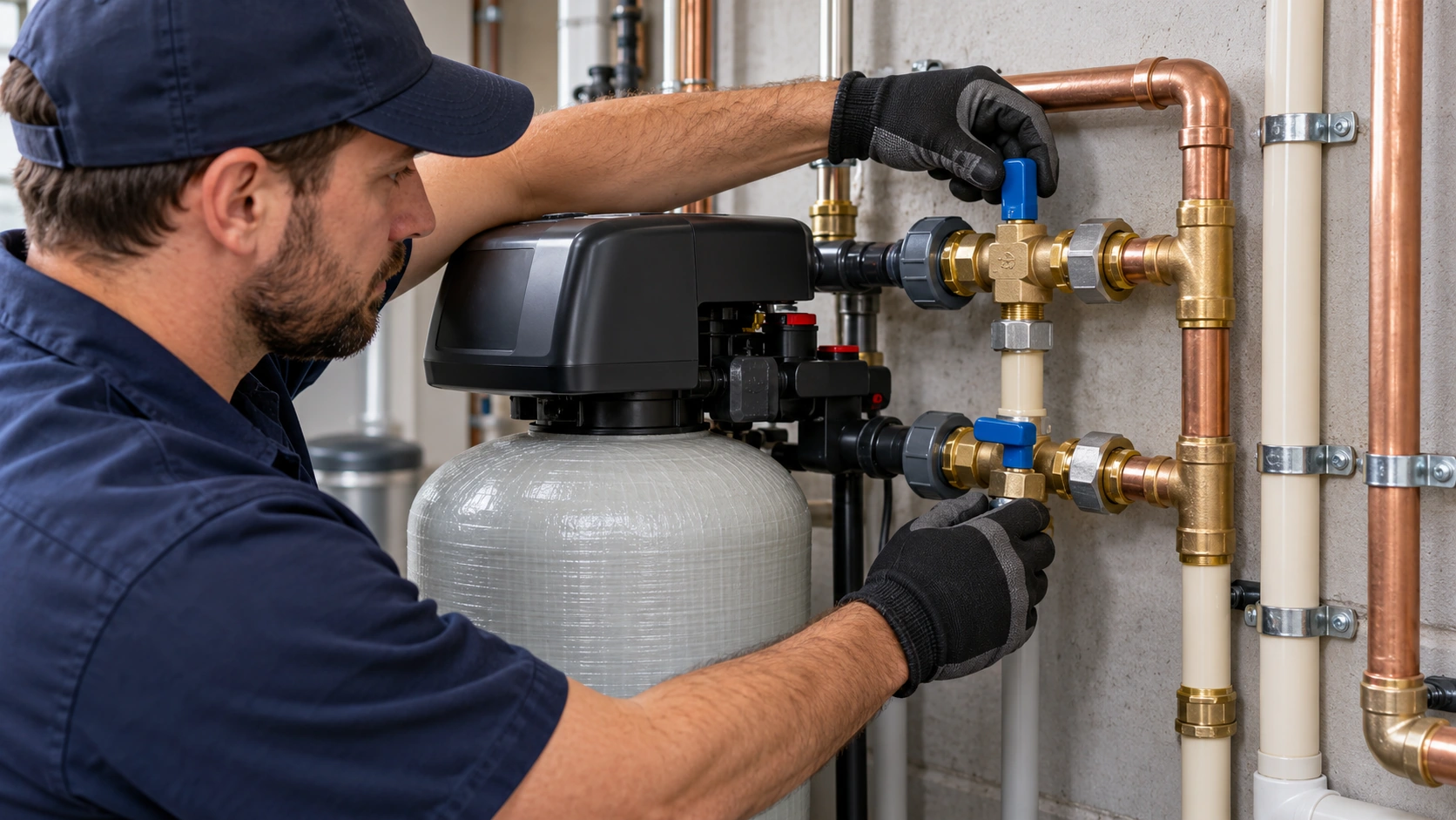 Water softener plumbing connections.
