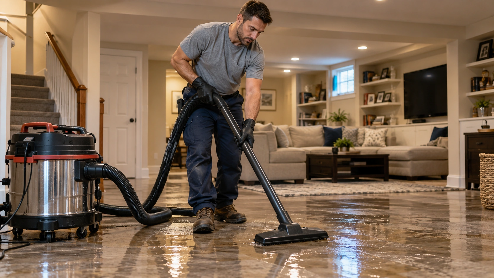 Basement water removal after a plumbing leak.